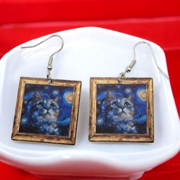 Cat Van Gogh Starry Night Famous Painting Earrings Dangle Pierced Ears Jewelry - Picture 3 of 6
